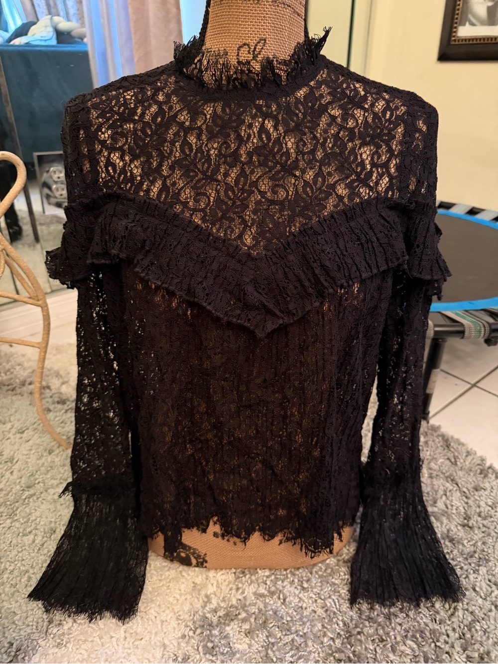 Say What? Black Sheer Lace Ruffle Mock-Neck Blouse